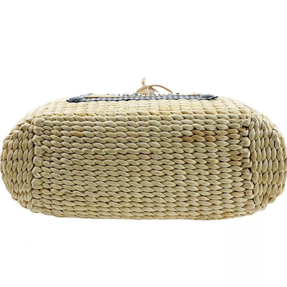 Breckenridge Straw Tote Bag Purse Blonde Wicker Picnic Blue Check Teacup Bee - Picture 7 of 10